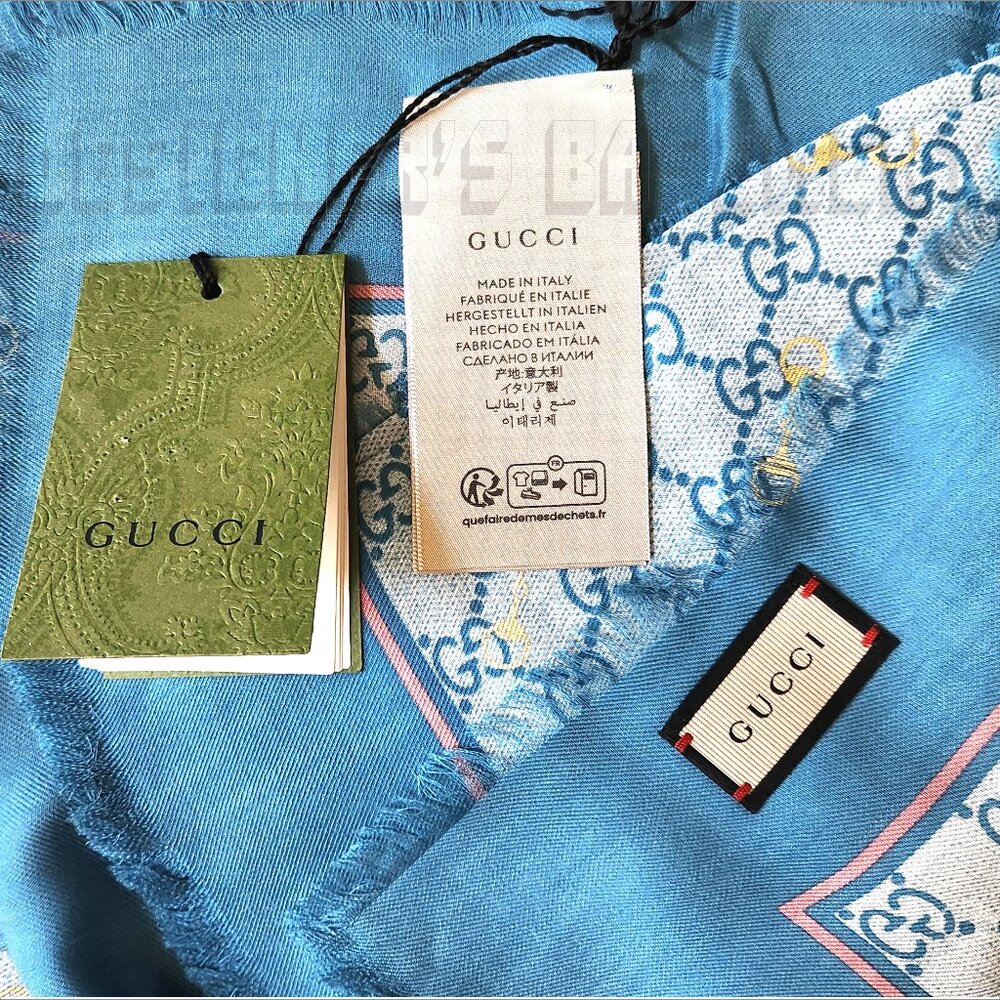 GUCCI blue GG with gold Horsebits print giant 53" - square modal/silk scarf NWT - Picture 4 of 9